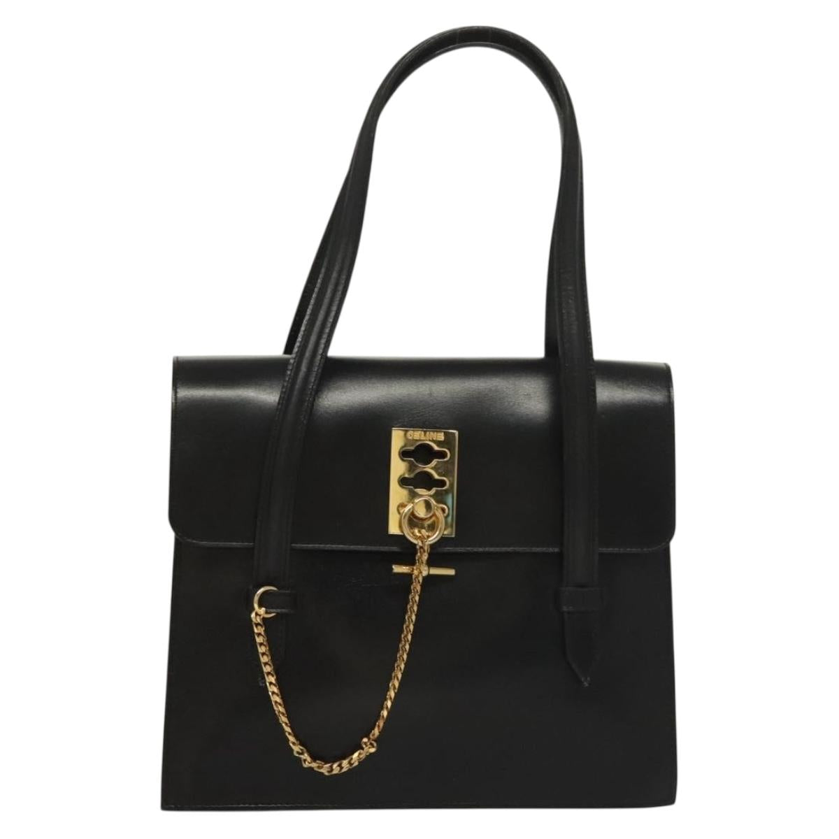 CELINE Hand Bag Leather Black Gold Auth 132690