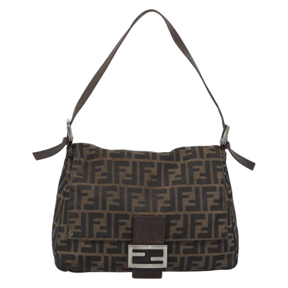 FENDI Zucca Canvas Mamma Baguette Shoulder Bag Black Brown Silver Auth 132708