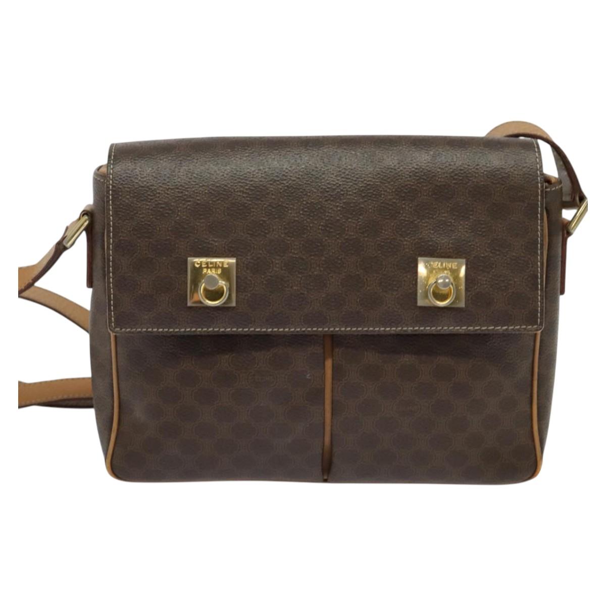 CELINE Macadam Canvas Shoulder Bag PVC Leather Brown Gold Auth 132726