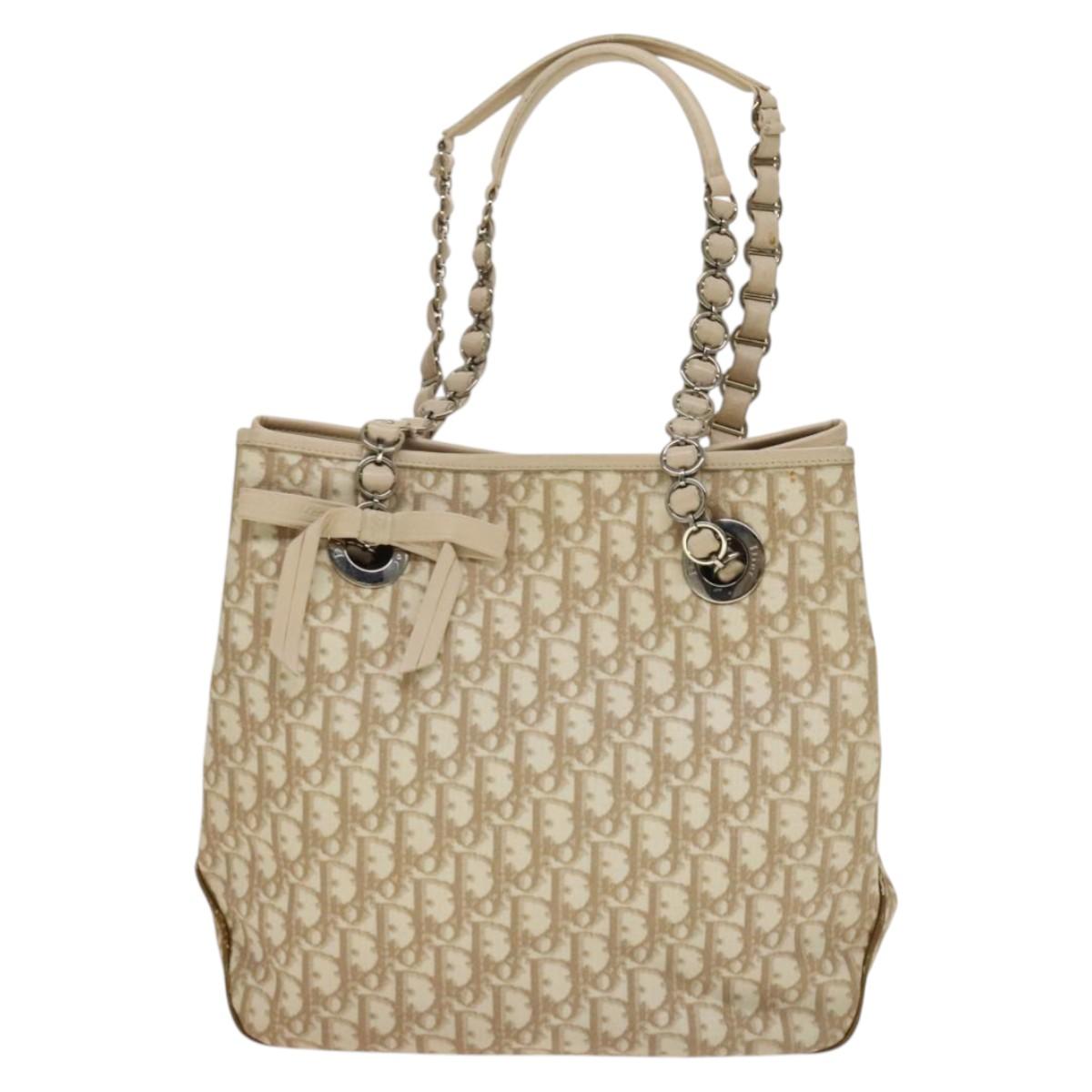 Christian Dior Trotter Canvas Romantic Chain Bag PVC Beige Silver Auth 132755