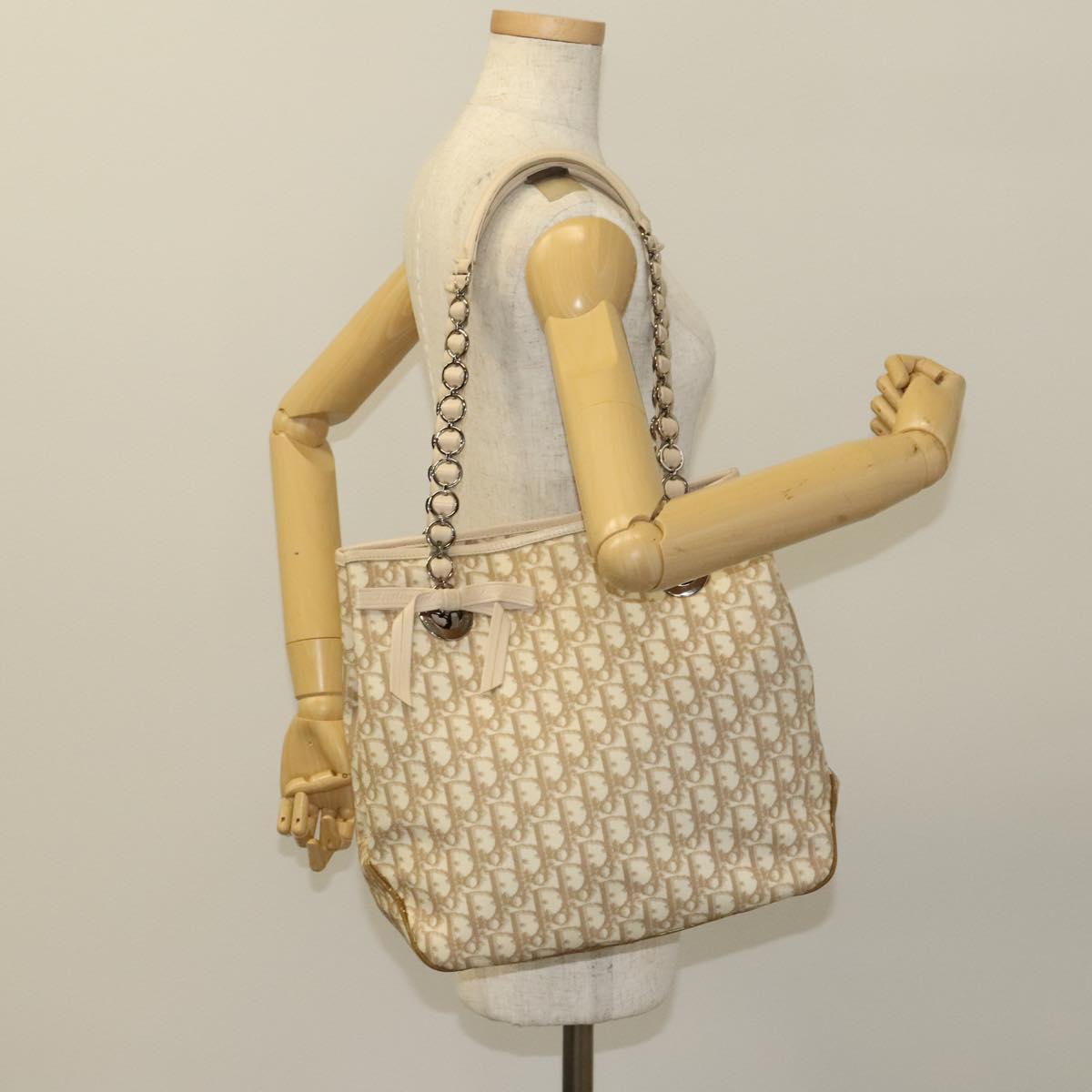 Christian Dior Trotter Canvas Romantic Chain Bag PVC Beige Silver Auth 132755