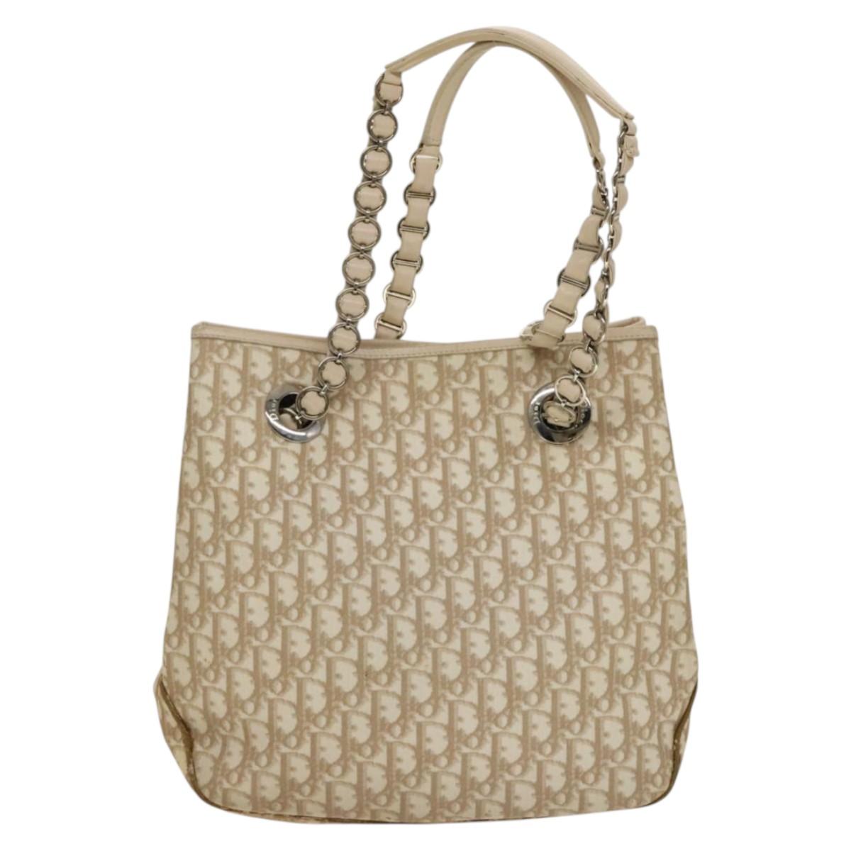 Christian Dior Trotter Canvas Romantic Chain Bag PVC Beige Silver Auth 132755