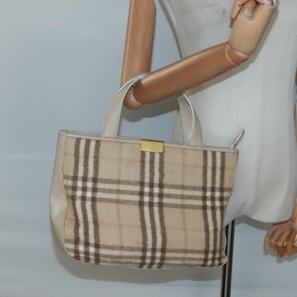 Burberrys Nova Check Hand Bag Wool Leather Beige Gold Auth 132827