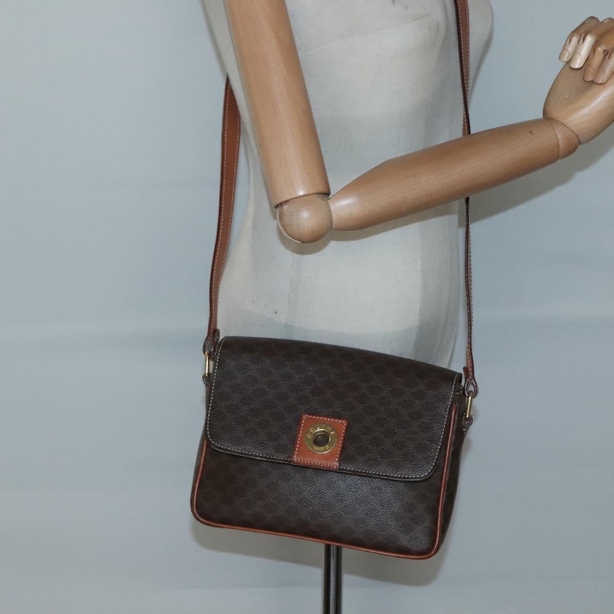 CELINE Macadam Canvas Shoulder Bag PVC Leather Brown Gold Auth 132889