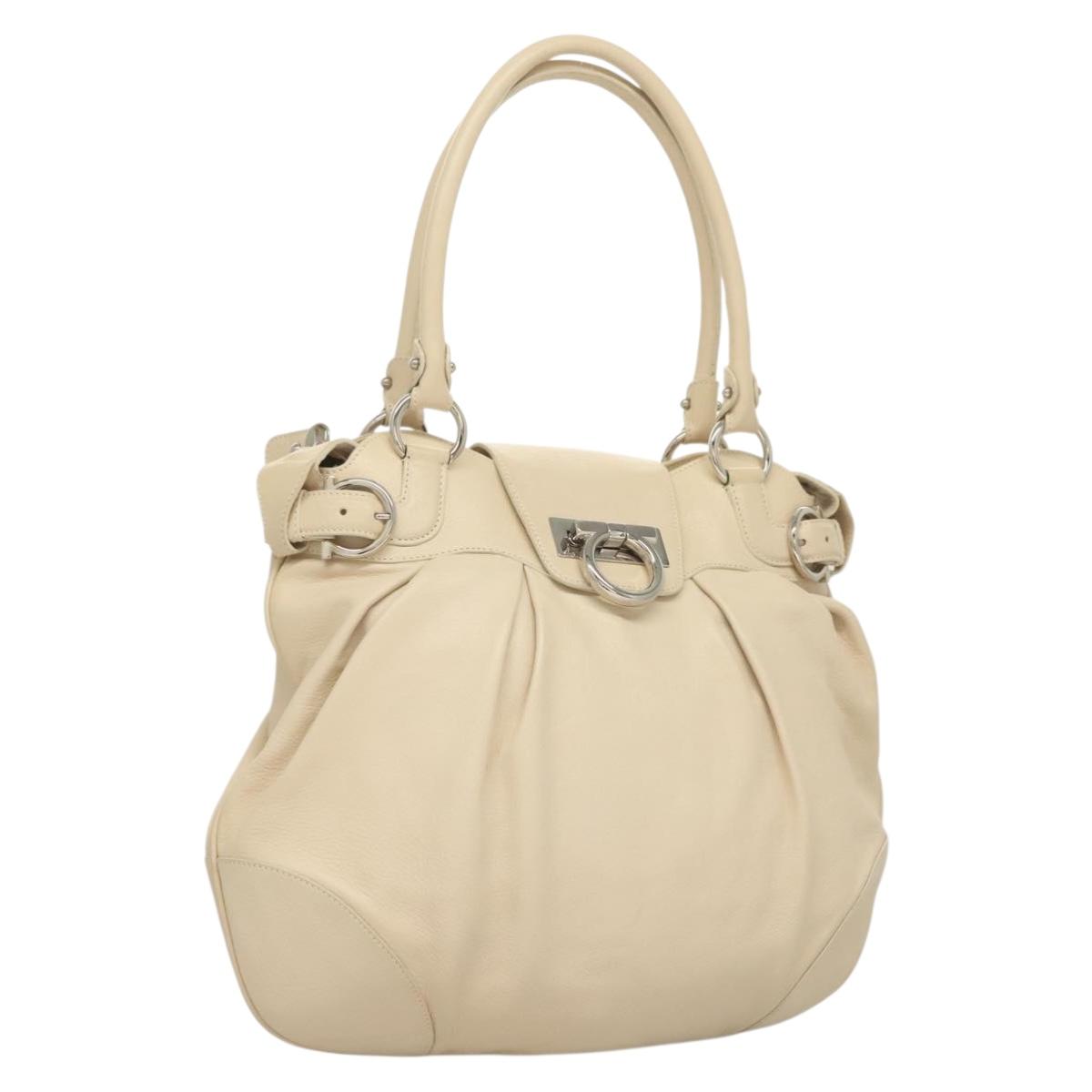 Salvatore Ferragamo Gancini Hand Bag Leather Ivory Silver Auth 132891