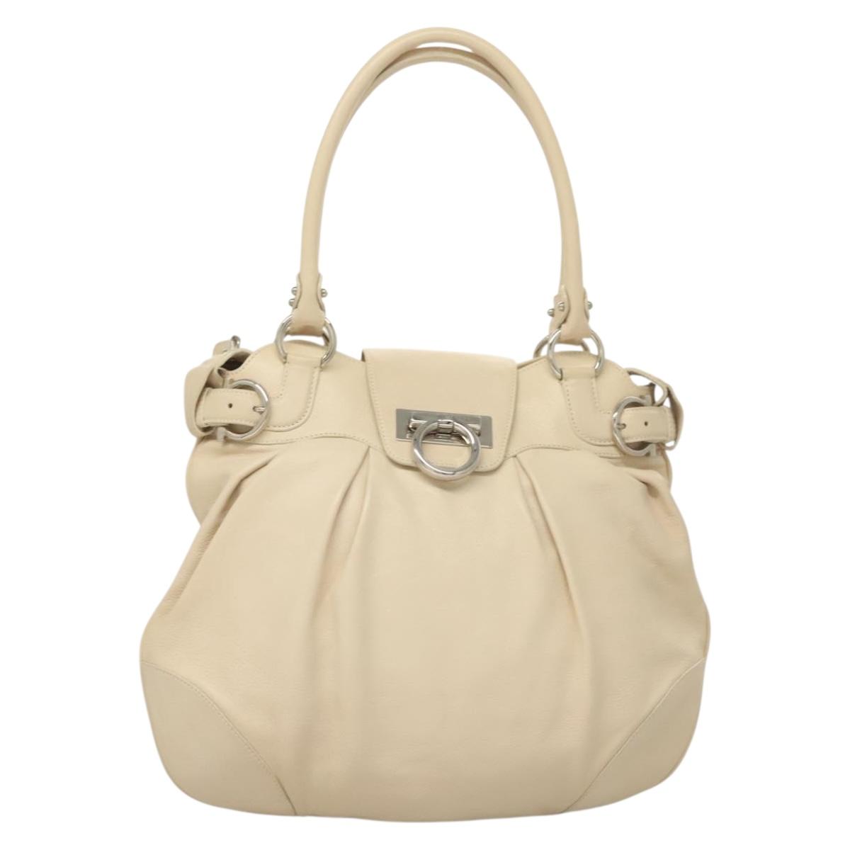 Salvatore Ferragamo Gancini Hand Bag Leather Ivory Silver Auth 132891