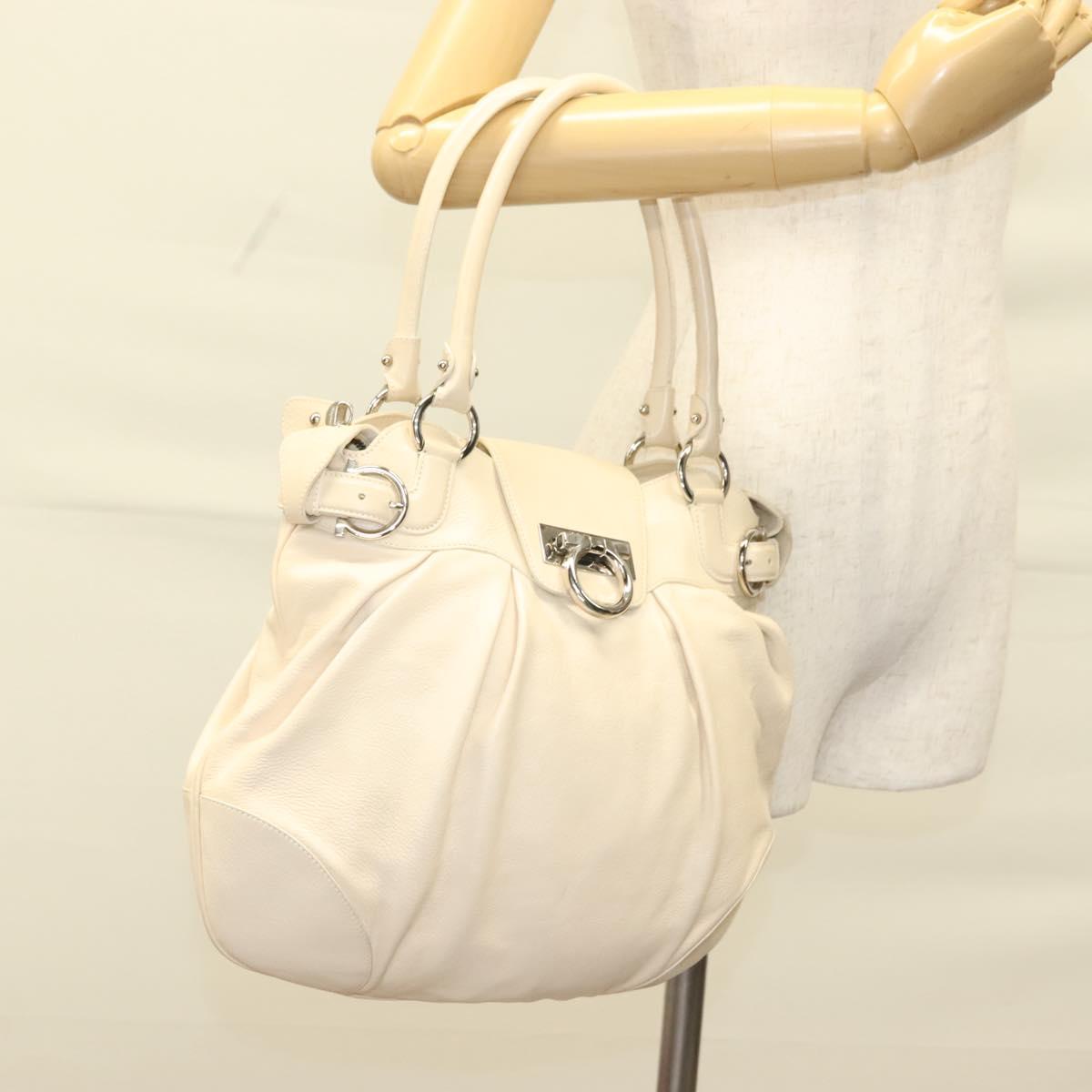 Salvatore Ferragamo Gancini Hand Bag Leather Ivory Silver Auth 132891