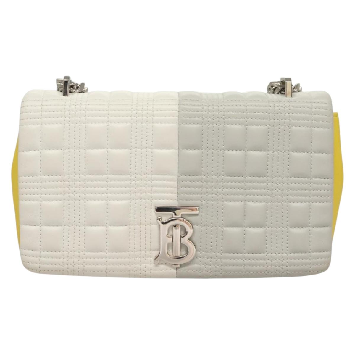 BURBERRY Chain Roller Shoulder Bag Leather White Silver Auth 132944