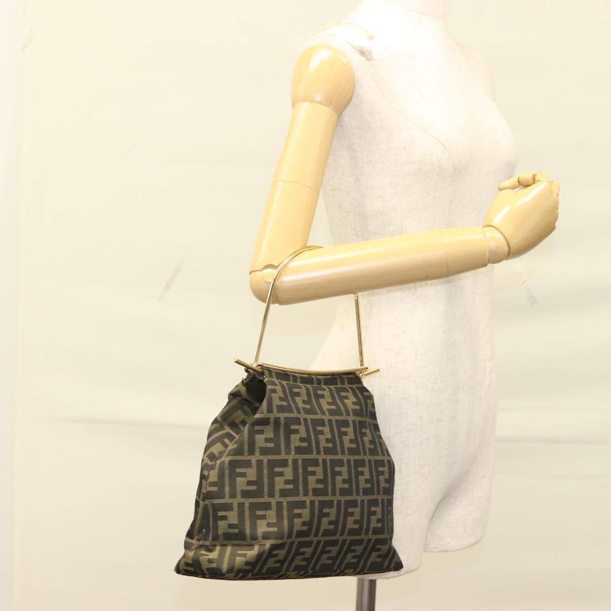 FENDI Zucca Canvas Metal Hand Bag Black Brown gold Auth 132951