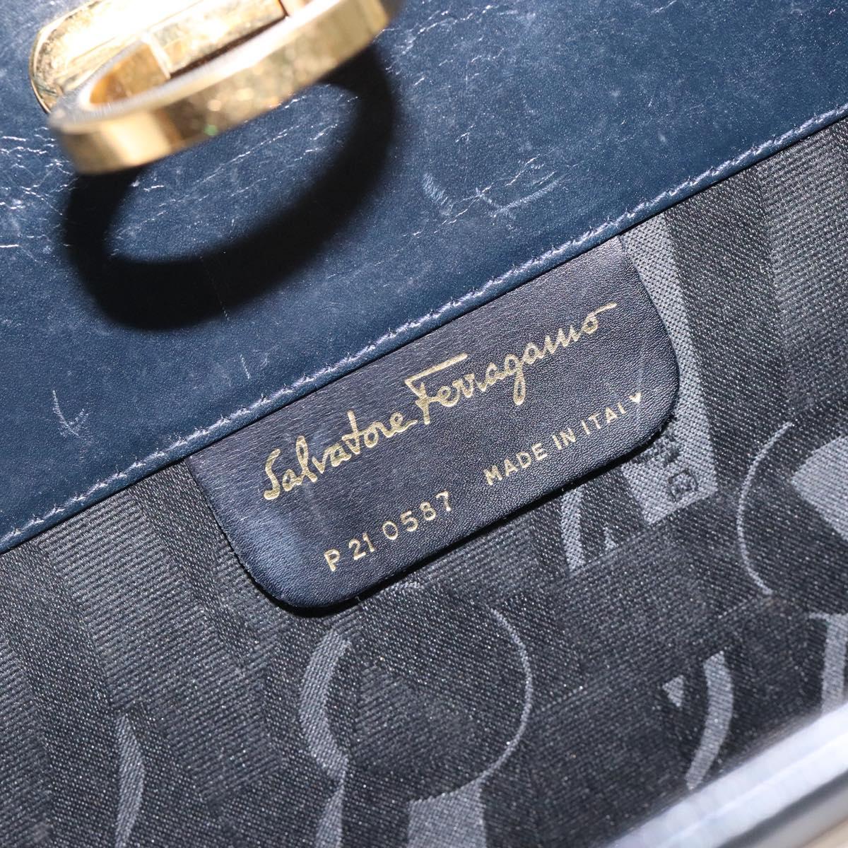 Salvatore Ferragamo Gancini Chain Shoulder Bag Leather Navy Gold Auth 133024