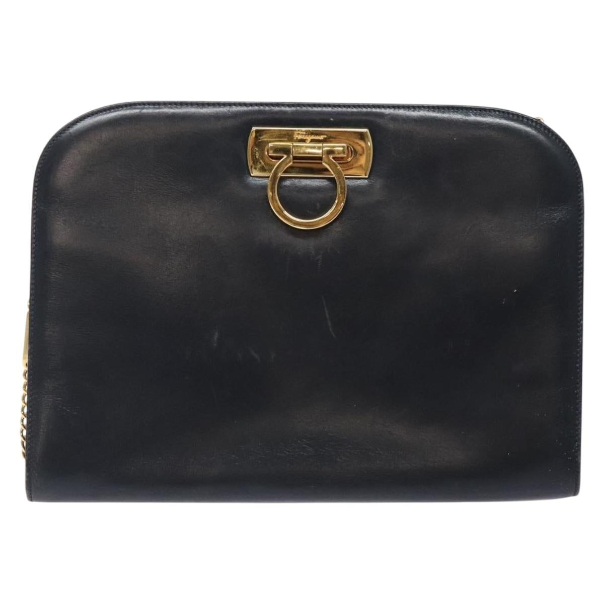 Salvatore Ferragamo Gancini Chain Shoulder Bag Leather Navy Gold Auth 133024