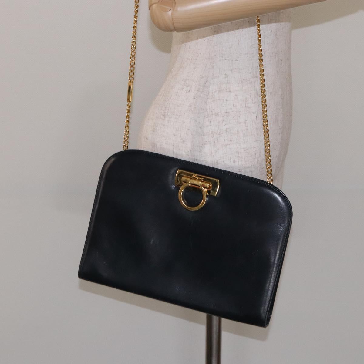 Salvatore Ferragamo Gancini Chain Shoulder Bag Leather Navy Gold Auth 133024