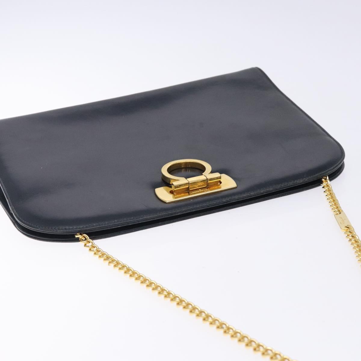 Salvatore Ferragamo Gancini Chain Shoulder Bag Leather Navy Gold Auth 133024
