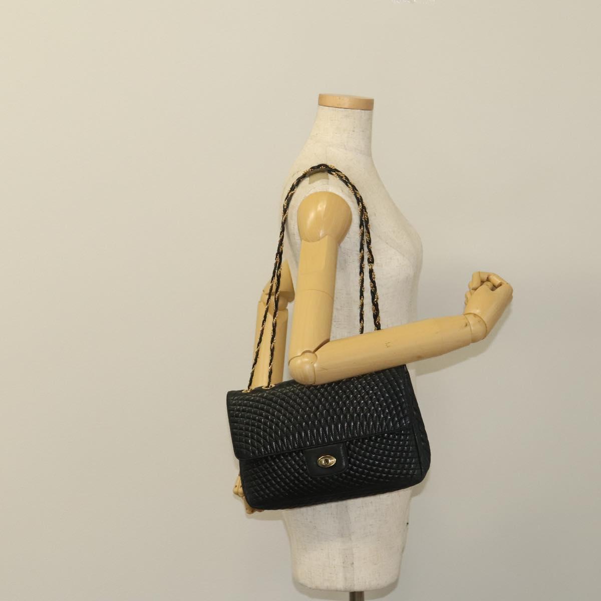 BALLY Chain Shoulder Bag Leather Black Gold Auth 133026
