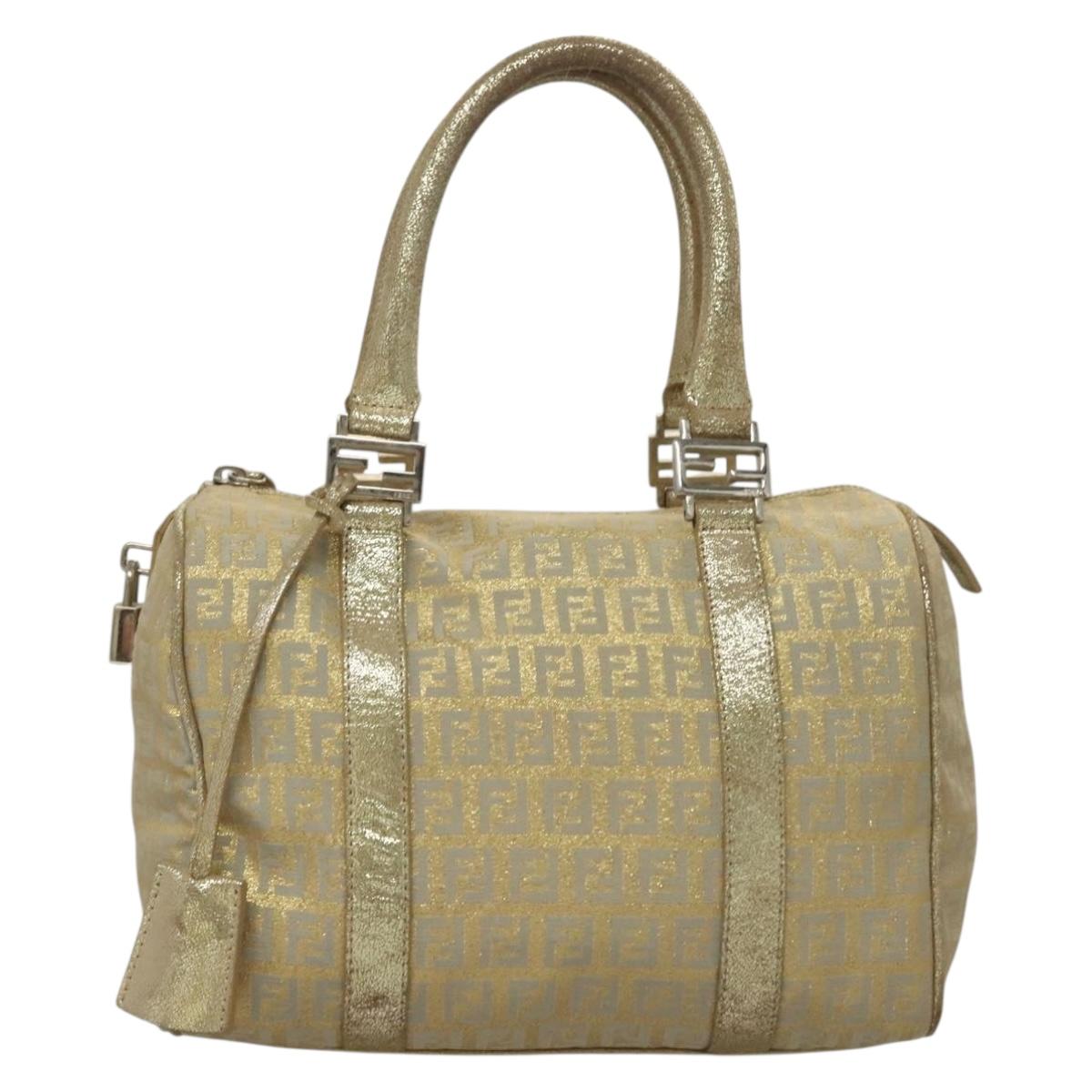 FENDI Zucchino Canvas Hand Bag Silver Gold Auth 133034