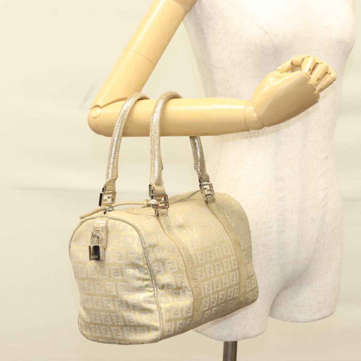 FENDI Zucchino Canvas Hand Bag Silver Gold Auth 133034