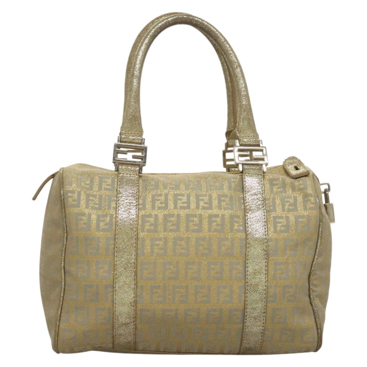 FENDI Zucchino Canvas Hand Bag Silver Gold Auth 133034
