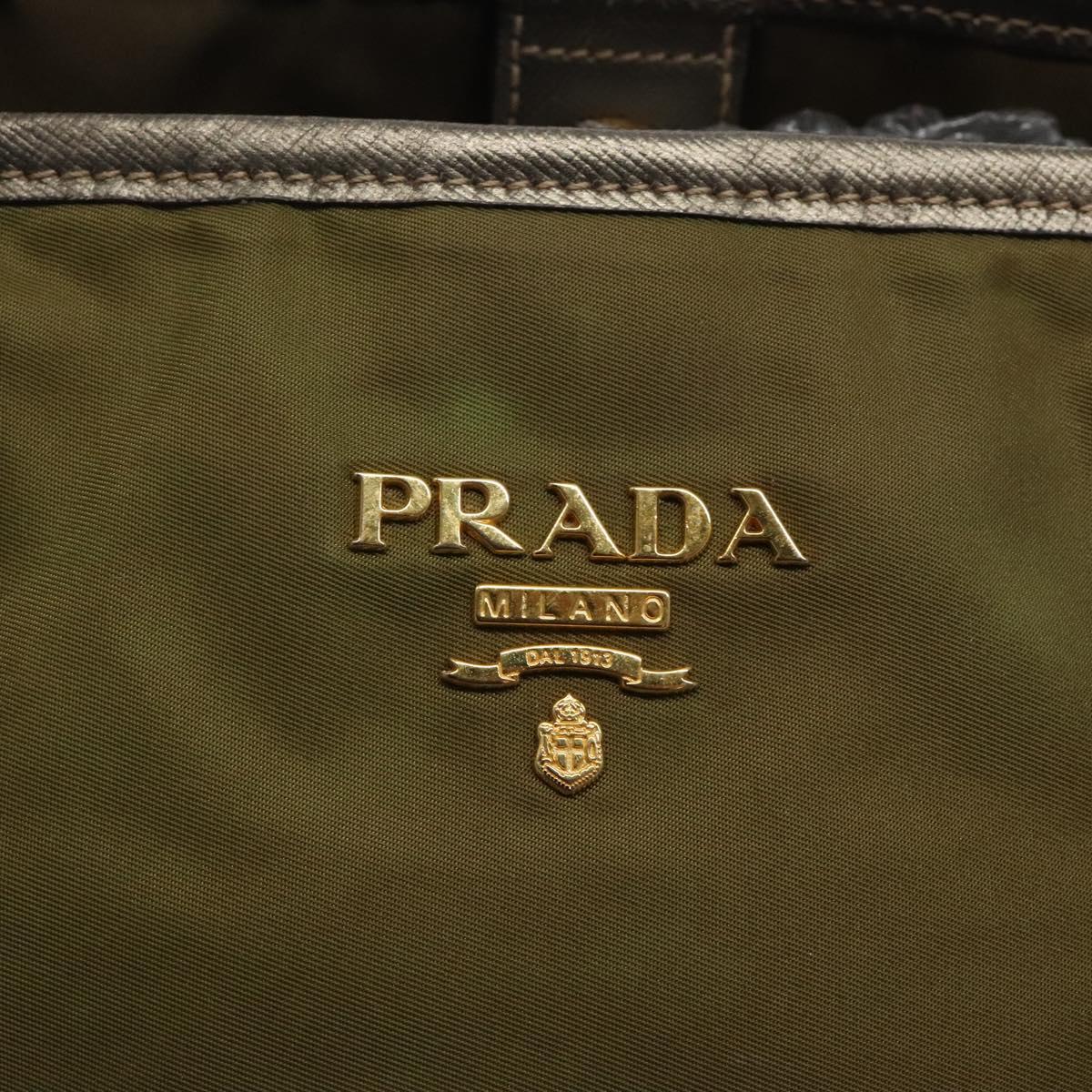 PRADA Tote Bag Nylon Khaki Gold Auth 133051