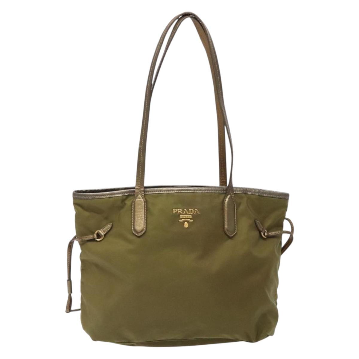PRADA Tote Bag Nylon Khaki Gold Auth 133051