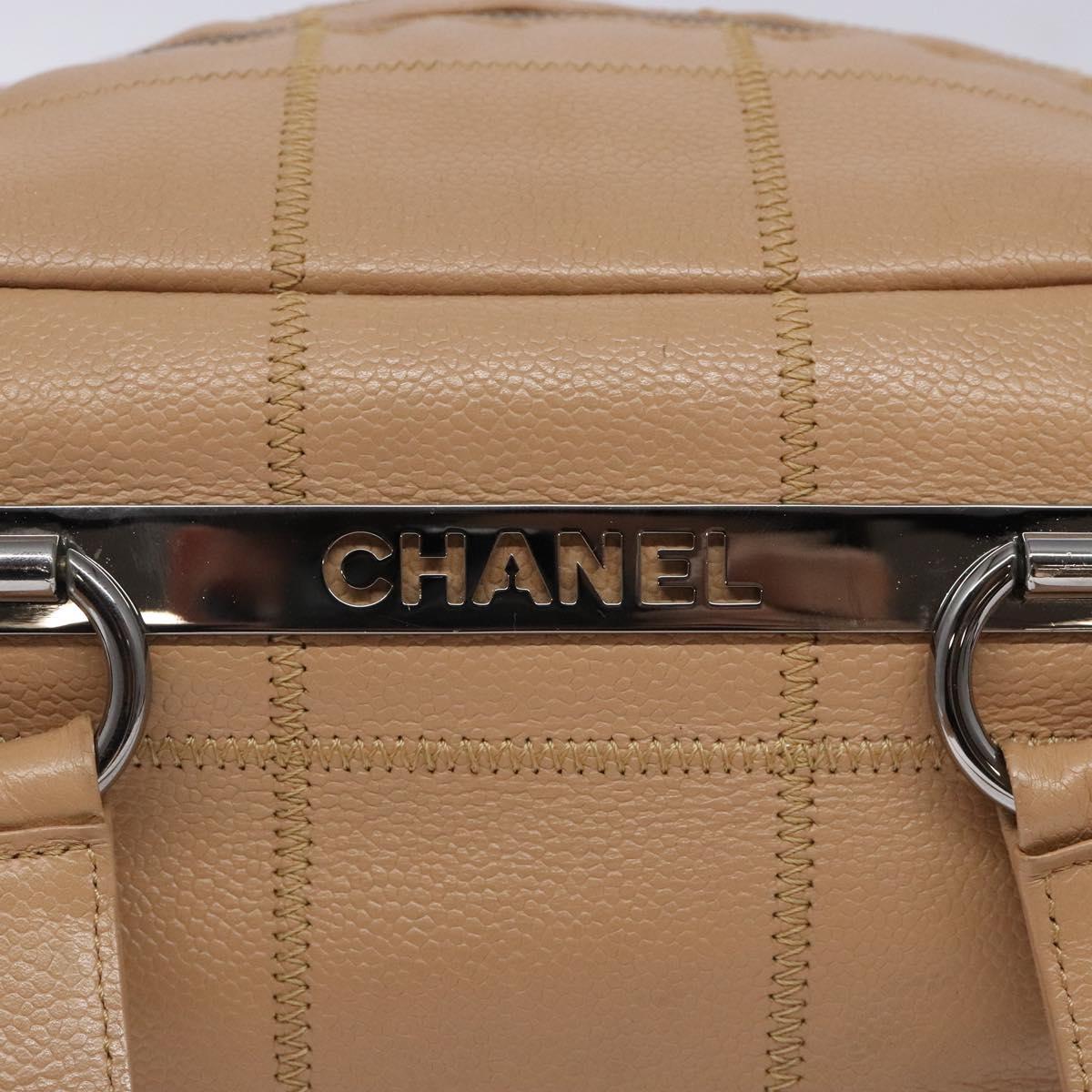 CHANEL Choco Bar Hand Bag Caviar Skin Beige Silver CC Auth 133063
