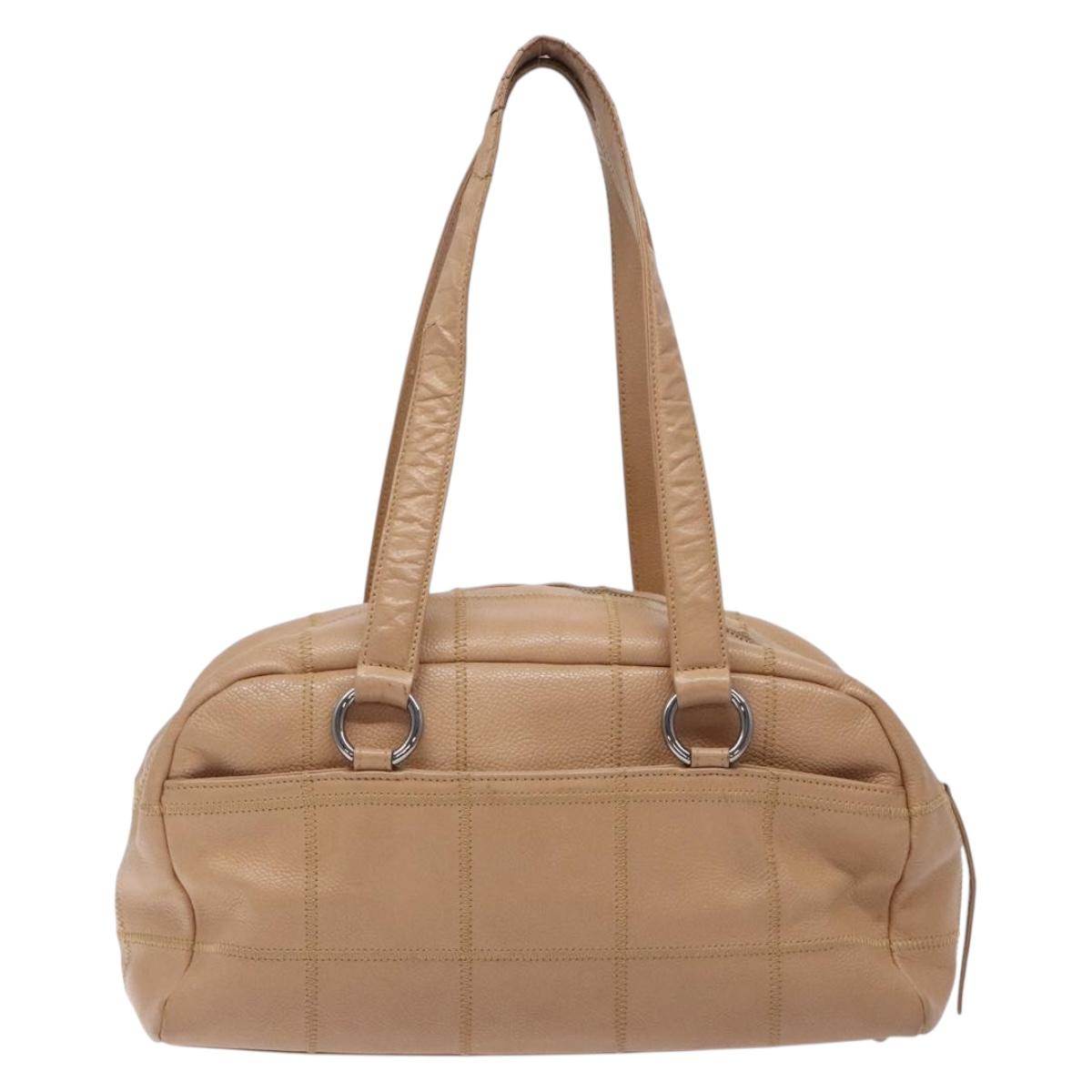 CHANEL Choco Bar Hand Bag Caviar Skin Beige Silver CC Auth 133063