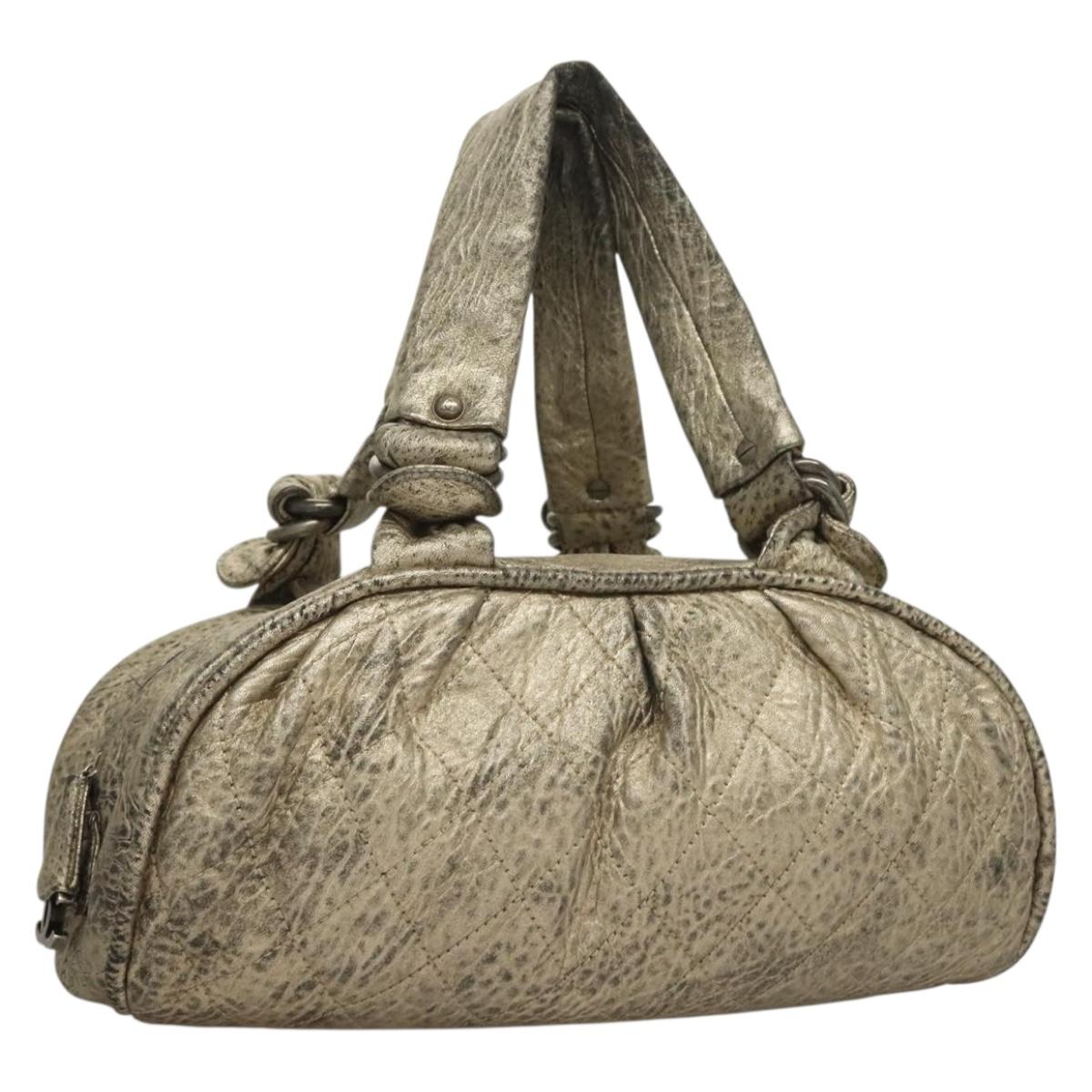 CHANEL Wild Stitch Hand Bag Leather Silver CC Auth 133064