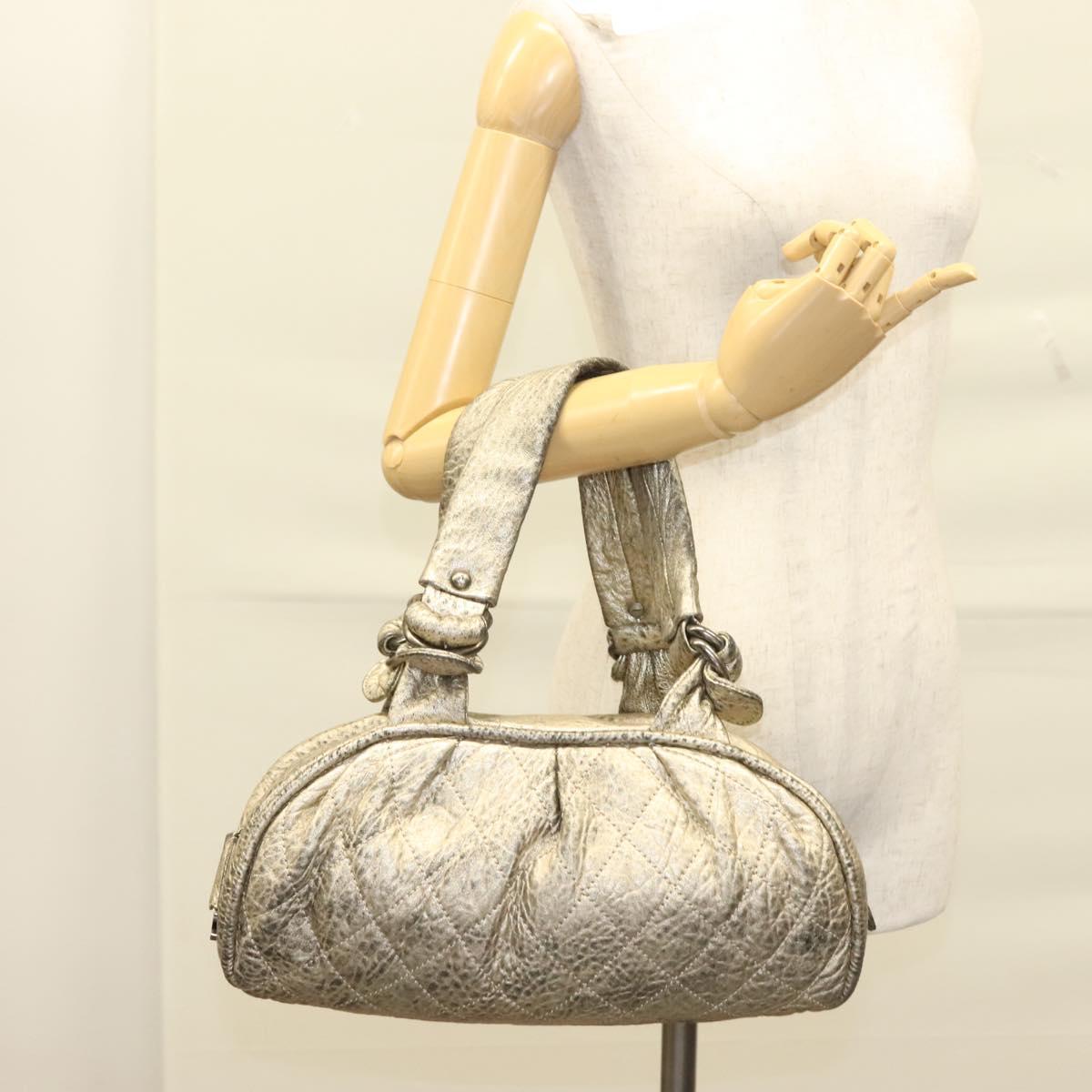 CHANEL Wild Stitch Hand Bag Leather Silver CC Auth 133064