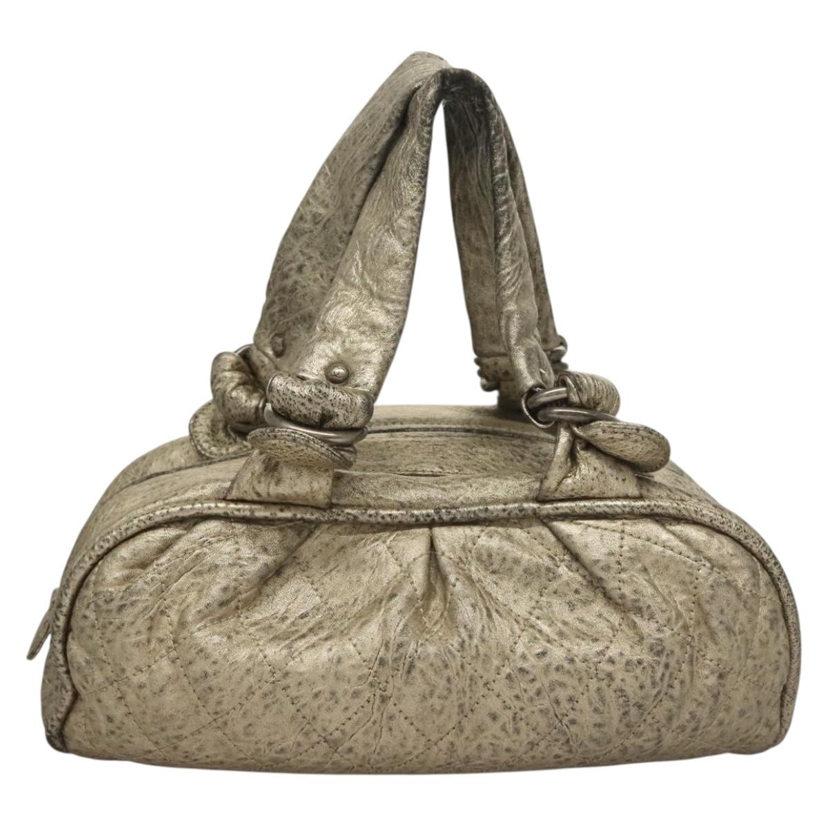CHANEL Wild Stitch Hand Bag Leather Silver CC Auth 133064