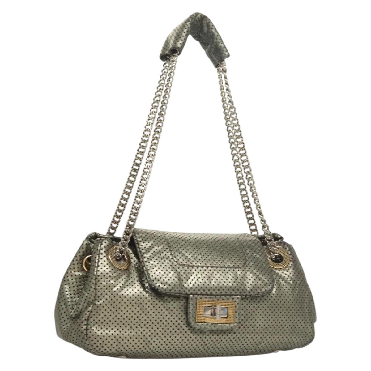CHANEL 2.55 Chain Shoulder Bag Leather Silver CC Auth 133142