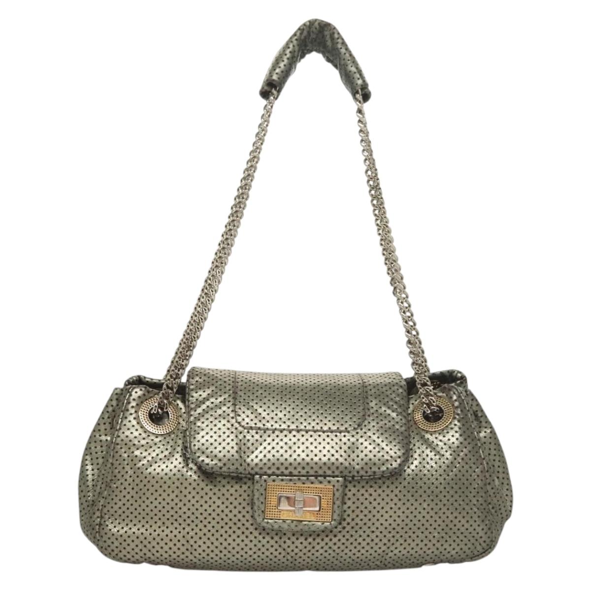 CHANEL 2.55 Chain Shoulder Bag Leather Silver CC Auth 133142