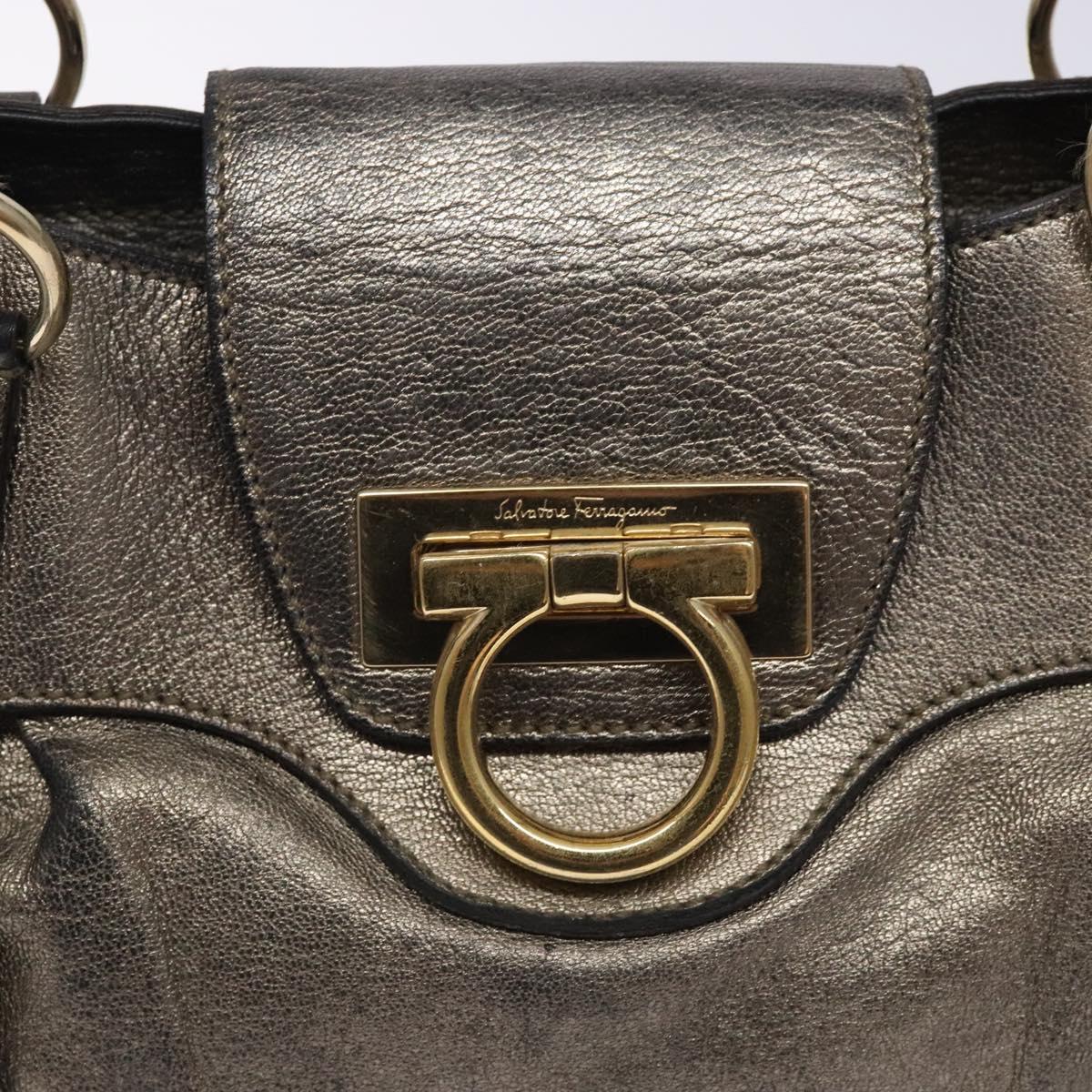 Salvatore Ferragamo Gancini Hand Bag Leather Silver Gold Auth 133160