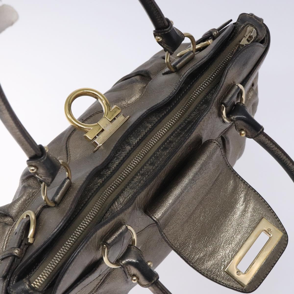 Salvatore Ferragamo Gancini Hand Bag Leather Silver Gold Auth 133160