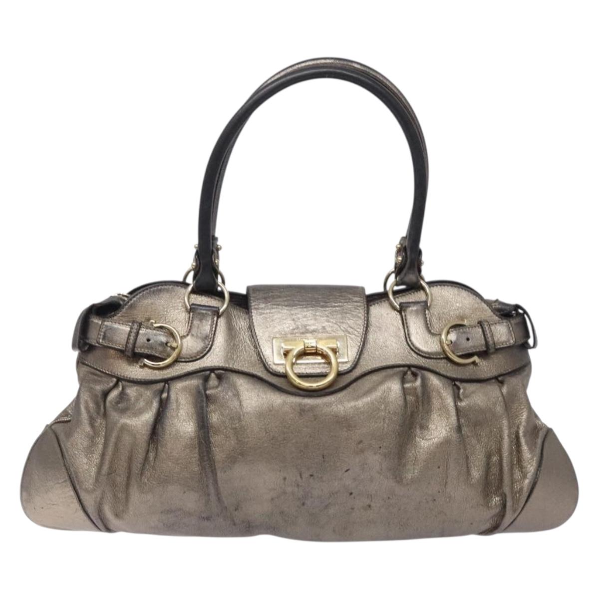 Salvatore Ferragamo Gancini Hand Bag Leather Silver Gold Auth 133160