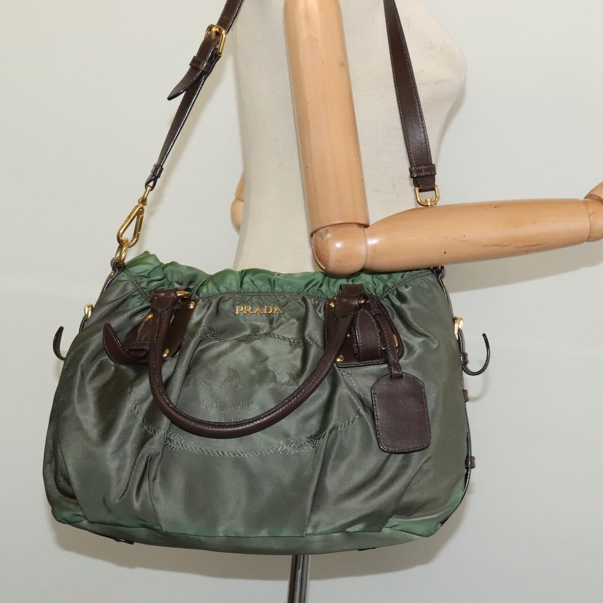 PRADA Hand Bag Nylon 2way Green Gold Auth 133162
