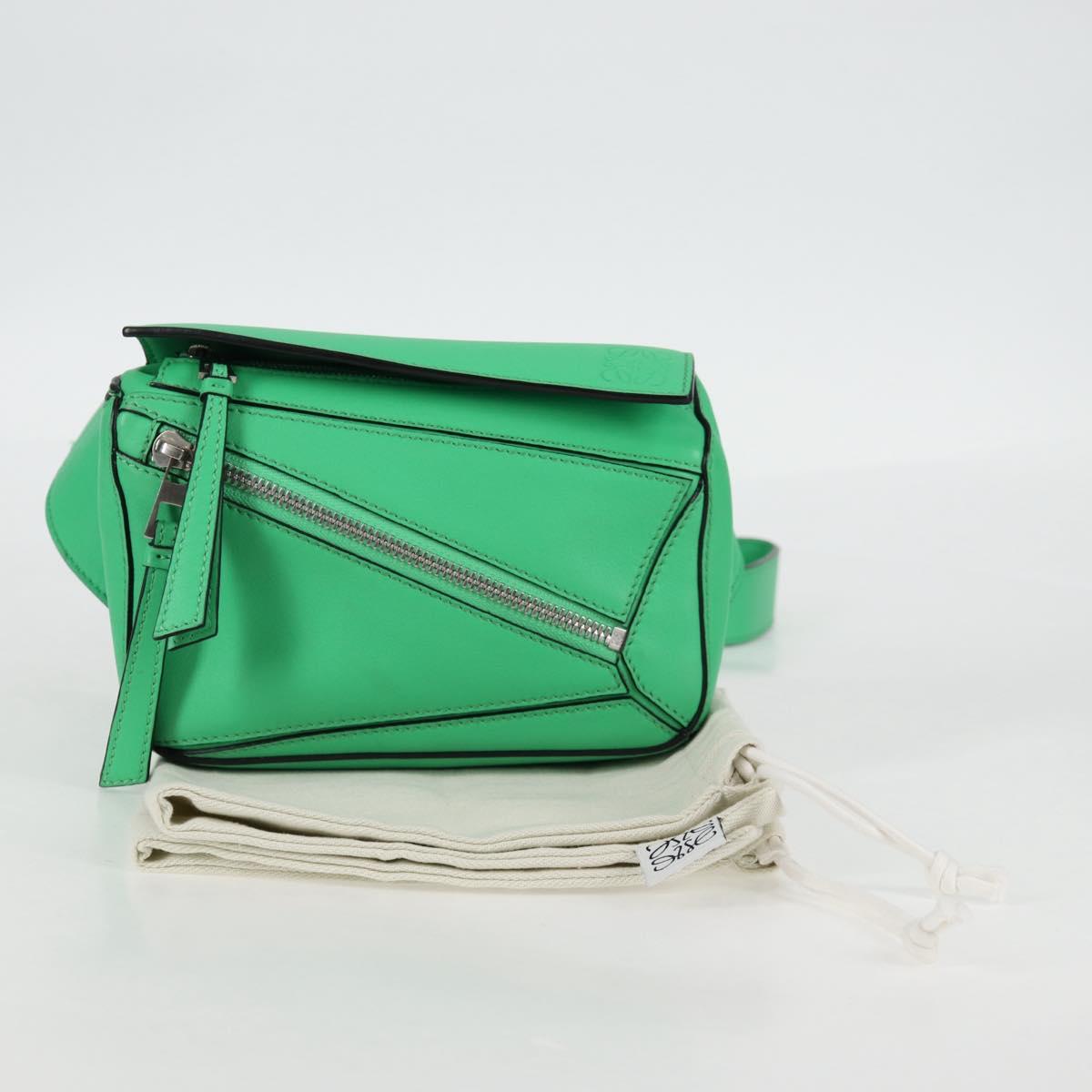 LOEWE Anagram Puzzle Body Bag Leather Green Silver Auth 133192SAM