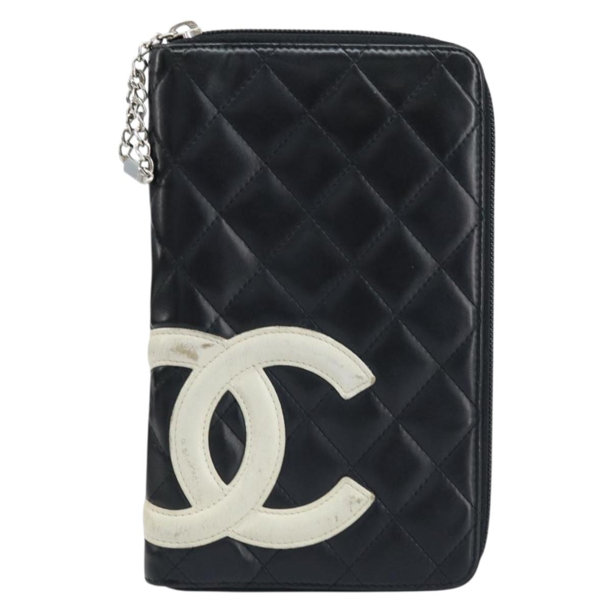 CHANEL Cambon Line Organizer Long Wallet Leather Black Silver CC Auth 133227