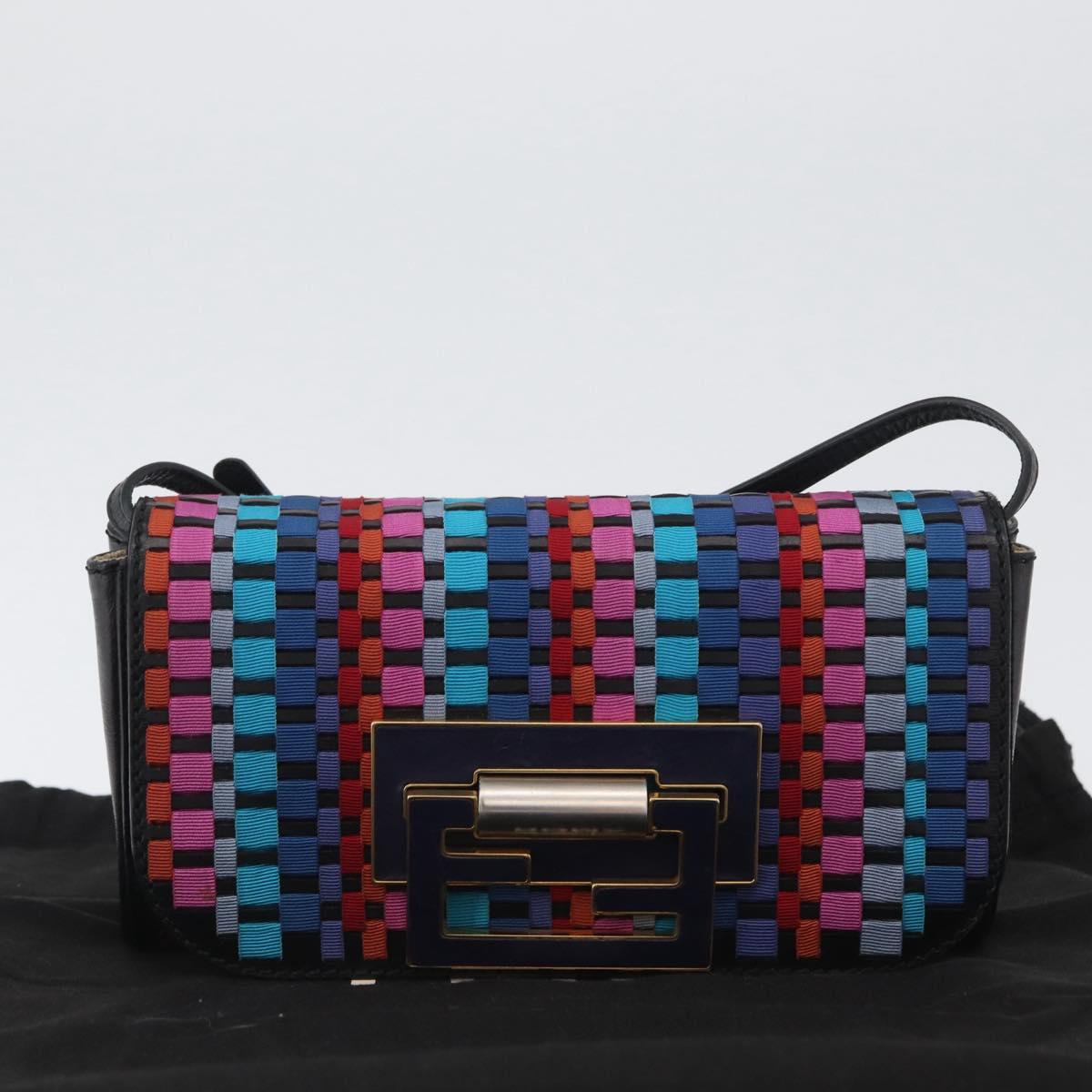 FENDI Shoulder Bag Leather Fabric Multicolor Gold Auth 133235SAM