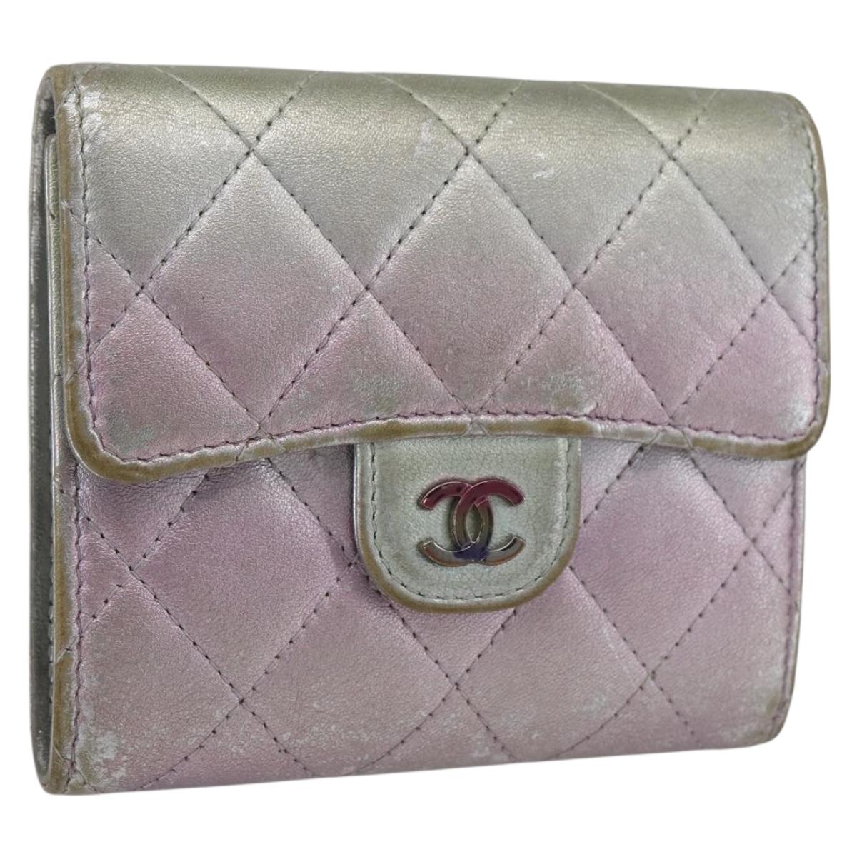 CHANEL Matelasse COCO Mark Bifold Wallet Lamb Skin Silver CC Auth 133240A
