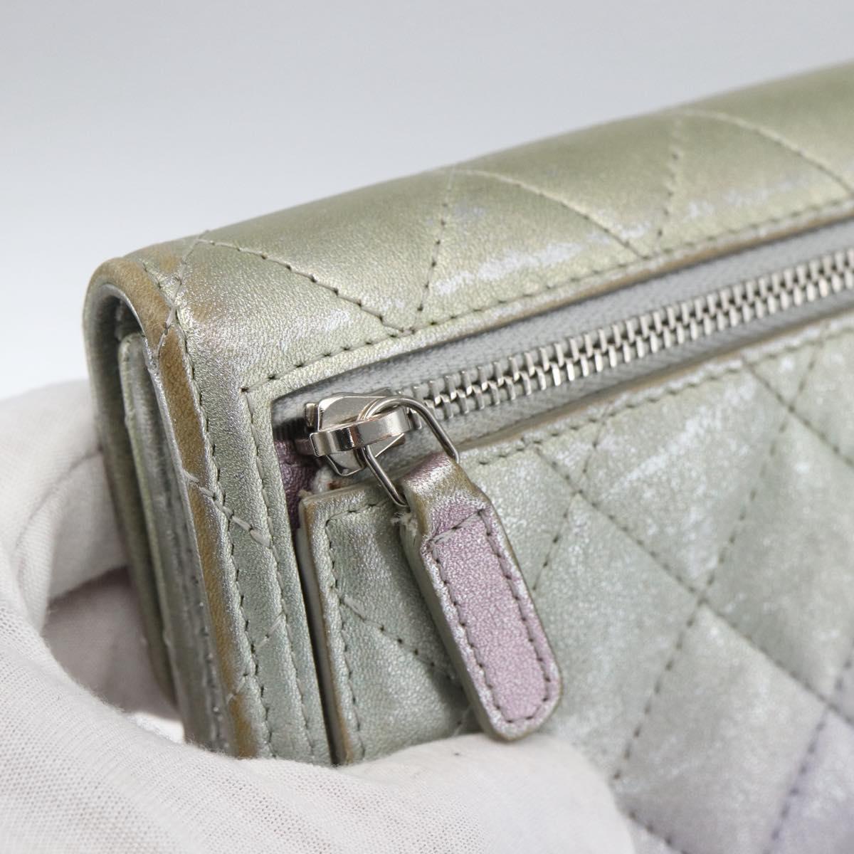 CHANEL Matelasse COCO Mark Bifold Wallet Lamb Skin Silver CC Auth 133240A