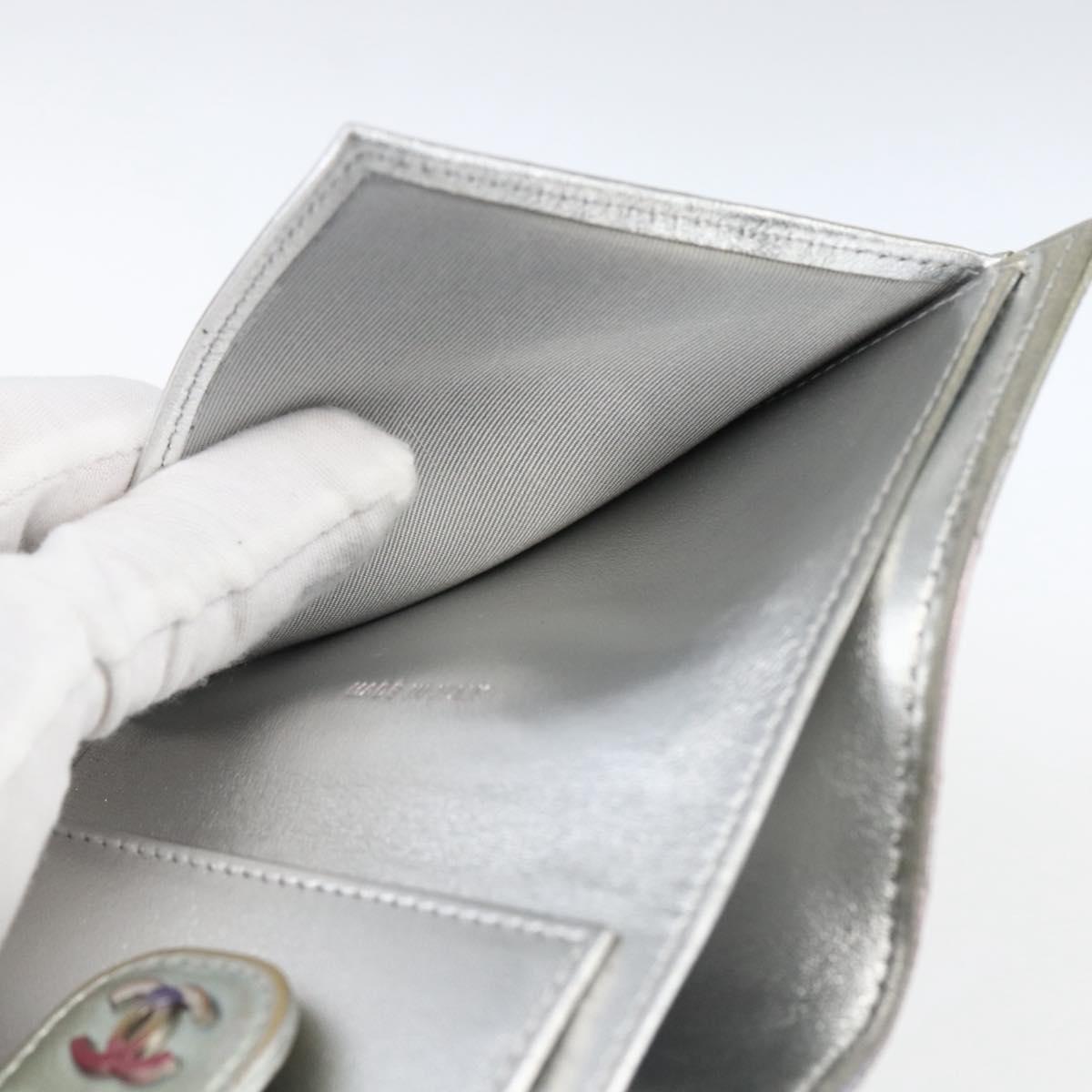 CHANEL Matelasse COCO Mark Bifold Wallet Lamb Skin Silver CC Auth 133240A