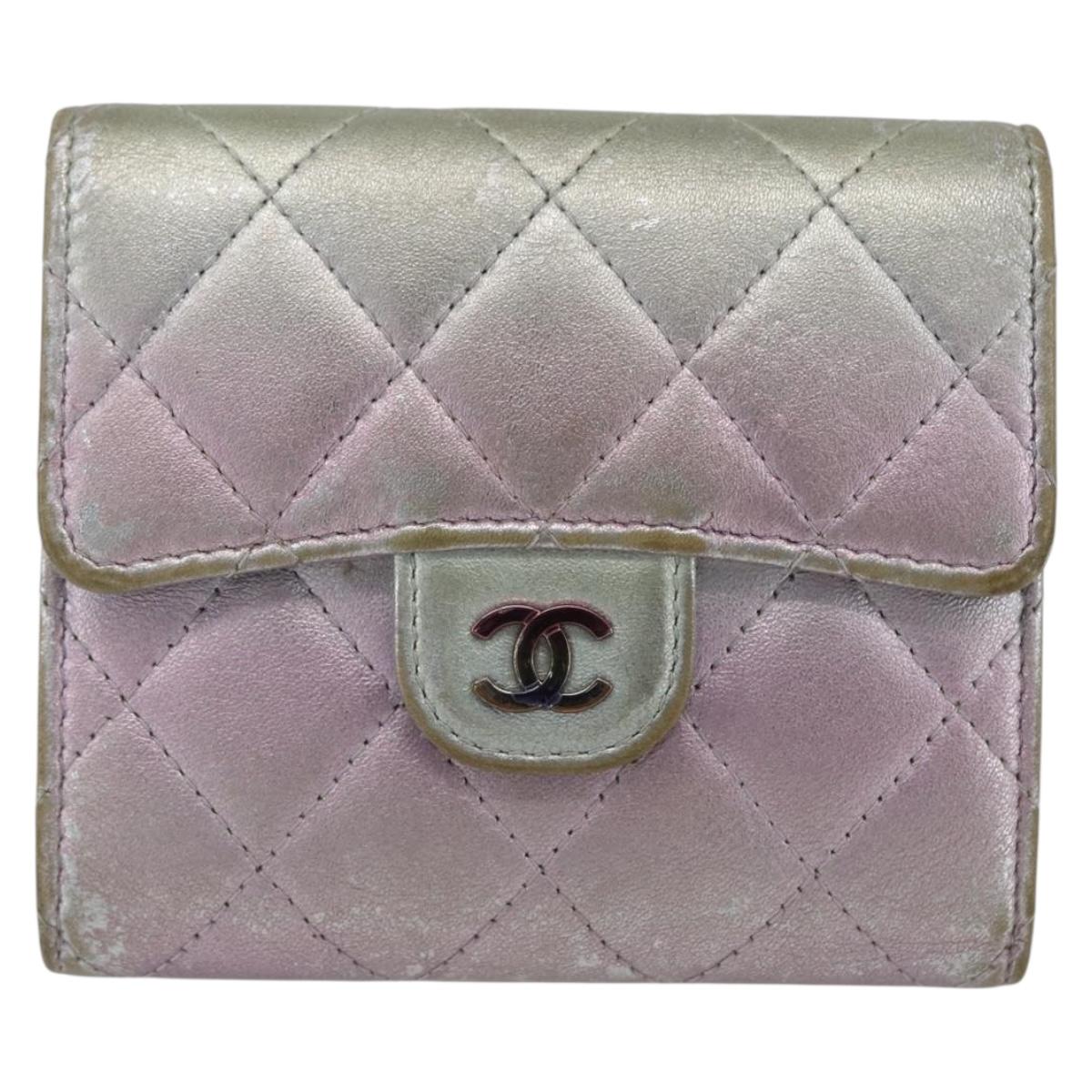 CHANEL Matelasse COCO Mark Bifold Wallet Lamb Skin Silver CC Auth 133240A