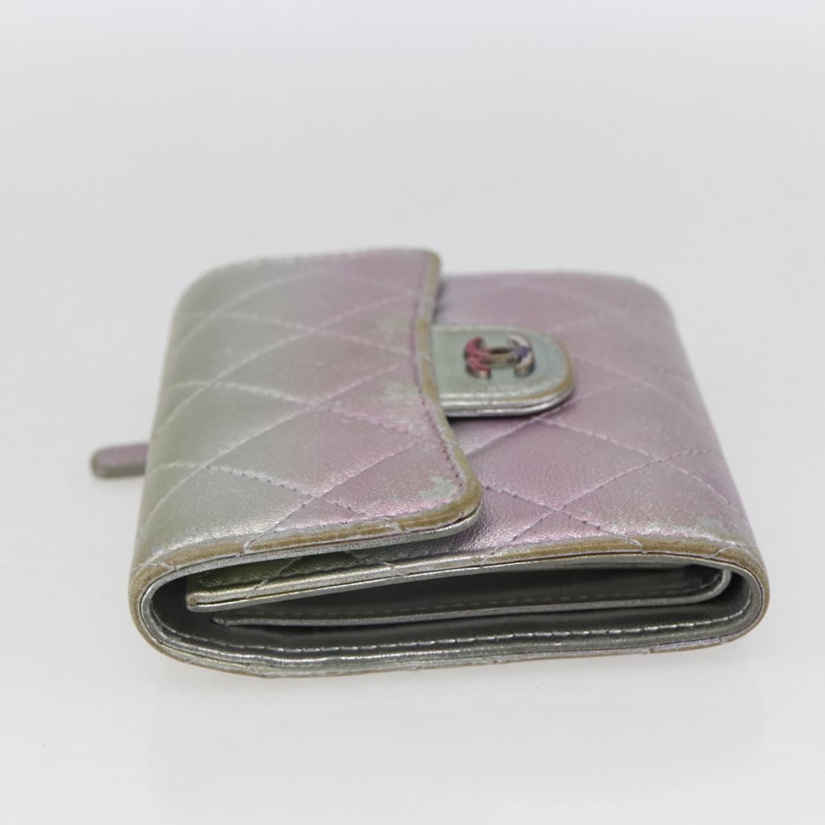 CHANEL Matelasse COCO Mark Bifold Wallet Lamb Skin Silver CC Auth 133240A