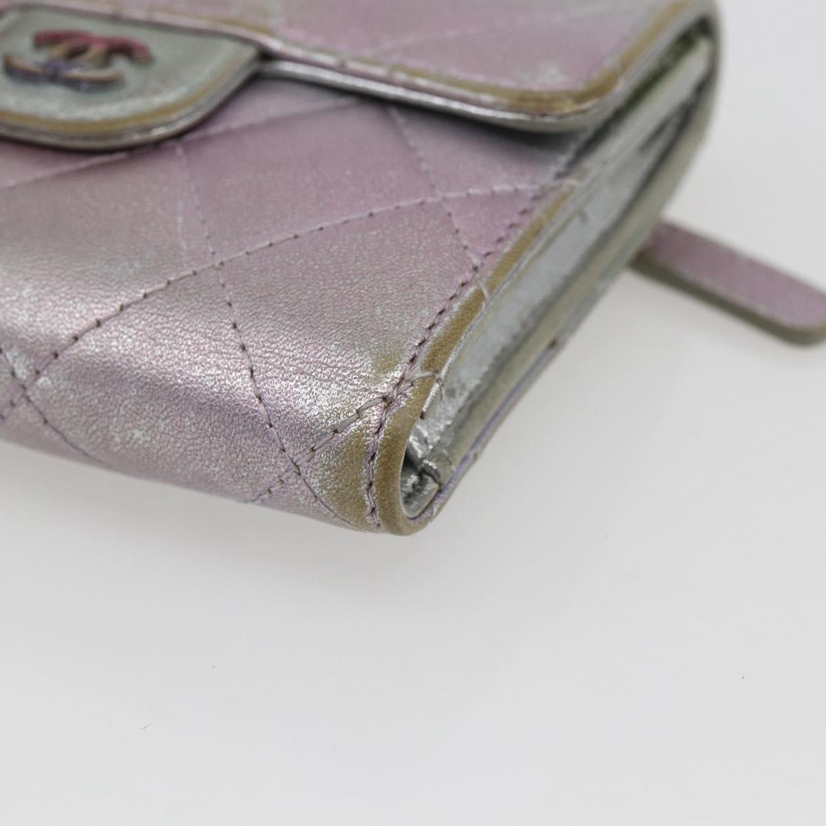 CHANEL Matelasse COCO Mark Bifold Wallet Lamb Skin Silver CC Auth 133240A