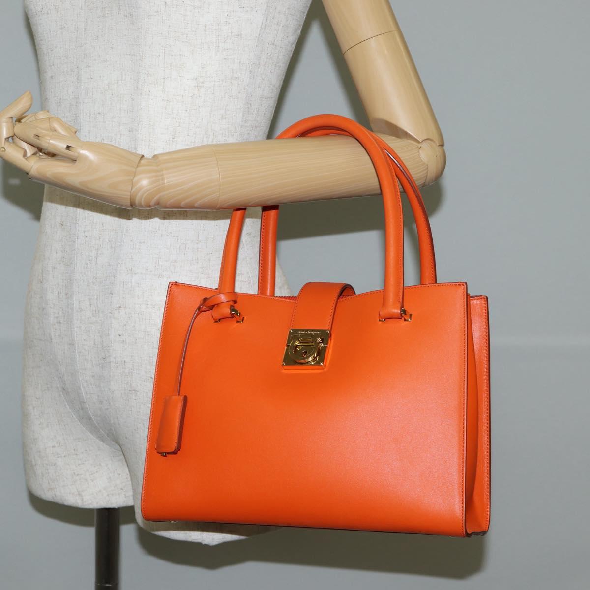 Salvatore Ferragamo Gancini Hand Bag Leather Orange Gold Auth 133276V