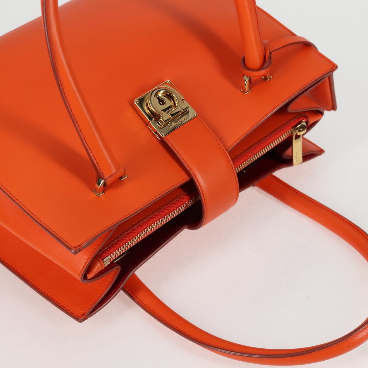 Salvatore Ferragamo Gancini Hand Bag Leather Orange Gold Auth 133276V