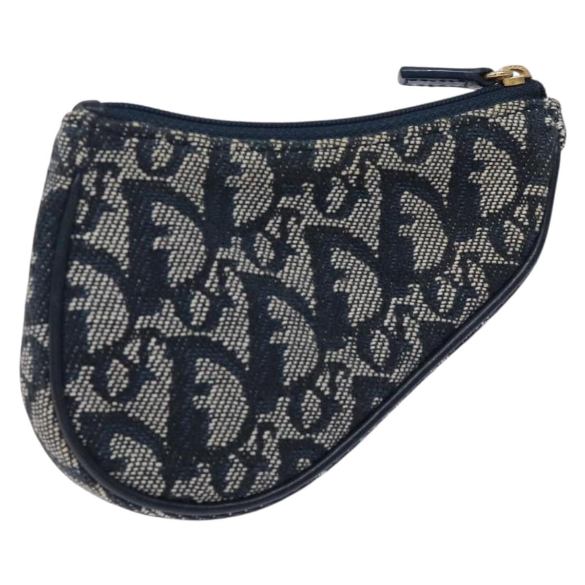 Christian Dior Trotter Canvas Saddle Coin Purse Navy Gold Auth 133288