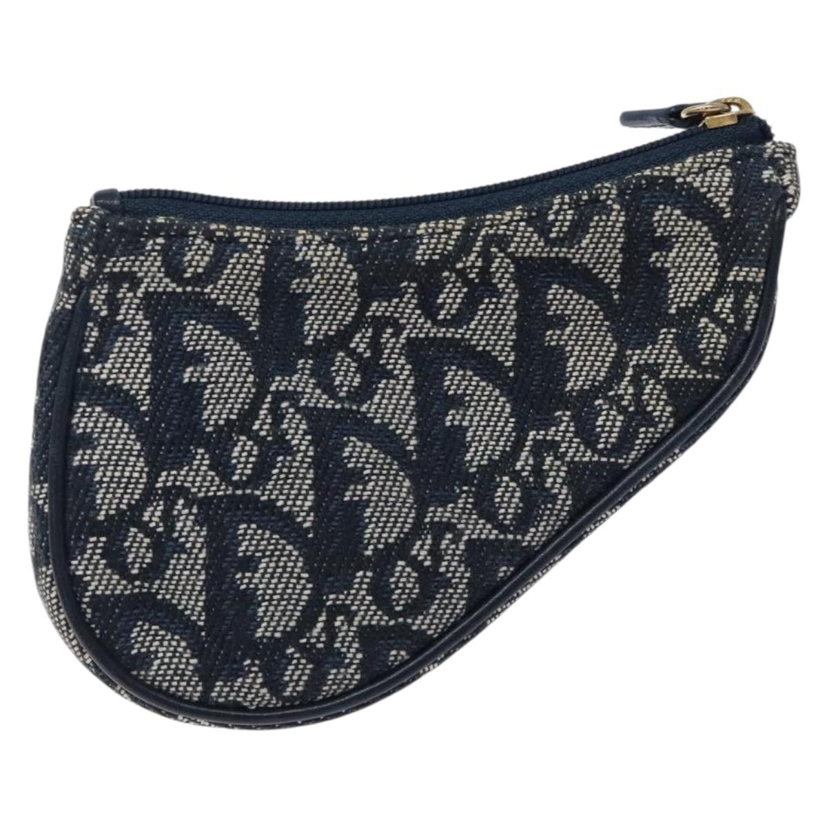Christian Dior Trotter Canvas Saddle Coin Purse Navy Gold Auth 133288