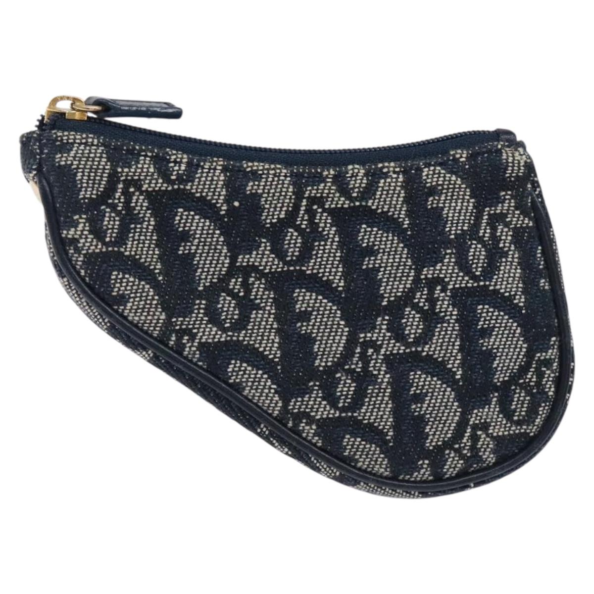 Christian Dior Trotter Canvas Saddle Coin Purse Navy Gold Auth 133288