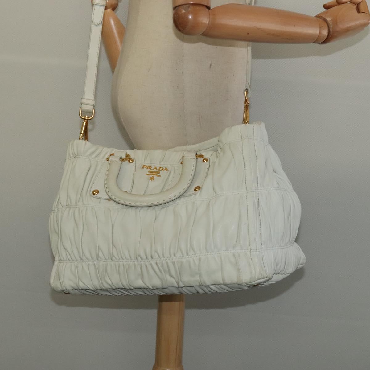 PRADA Hand Bag Leather 2way White Gold Auth 133371