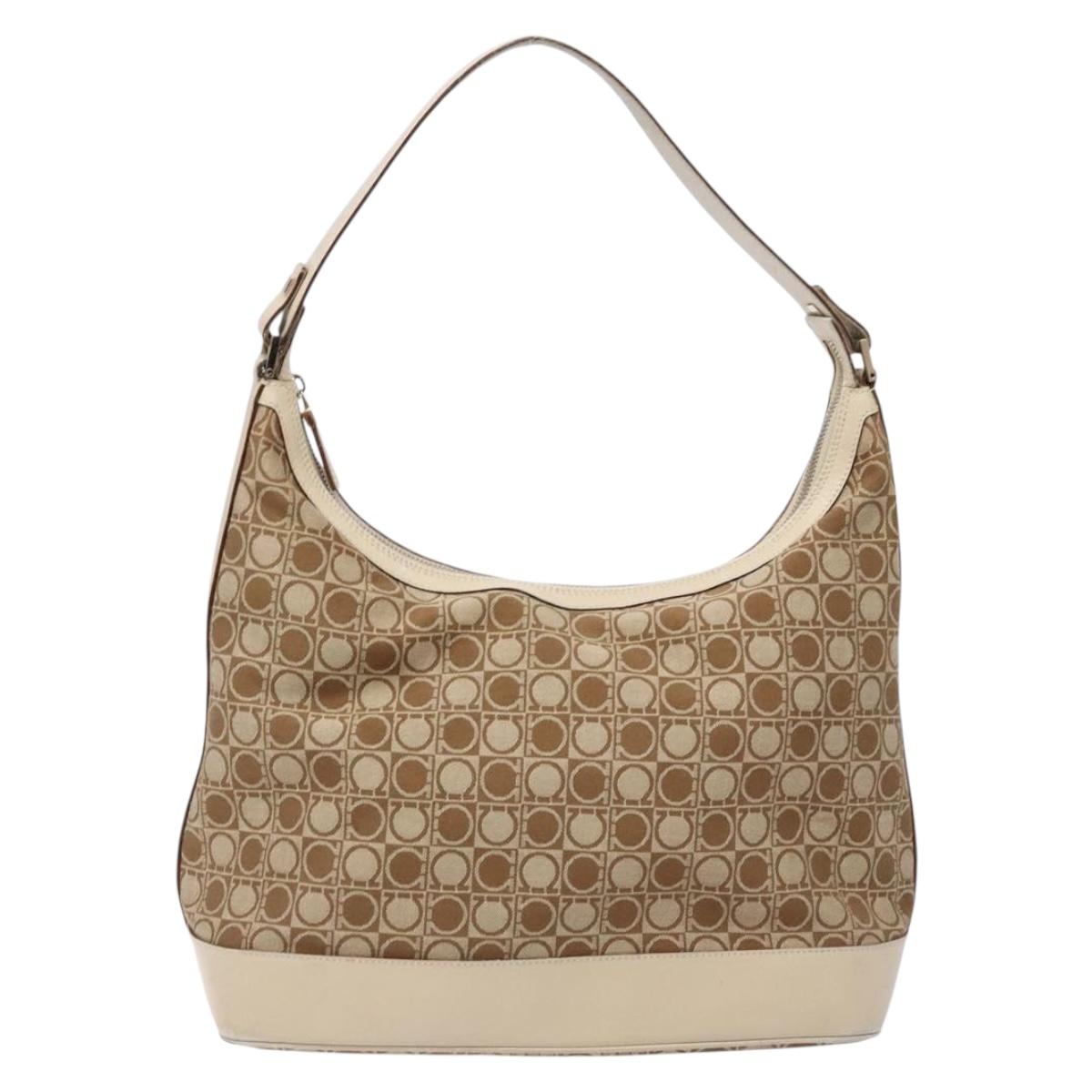 Salvatore Ferragamo Gancini Shoulder Bag Canvas Beige Gold Auth 133373